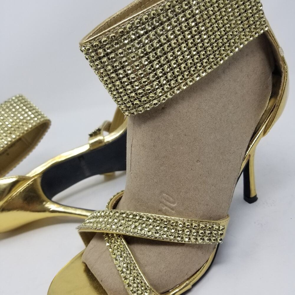 Red Circle Gold Crystals Ankle Stilettos Heels Zipper Back Blekis Women's Size 9 - Picture 11 of 16